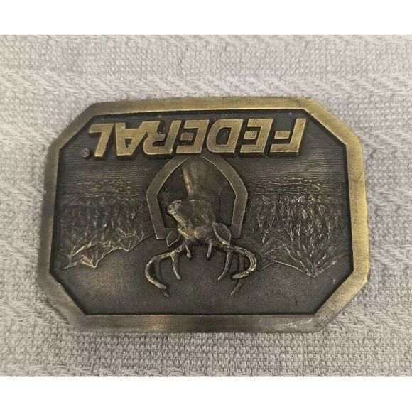 Vintage Indiana Metal Craft Federal Ammunition Brass Belt Buckle Deer Buck Hunt - Picture 3 of 7